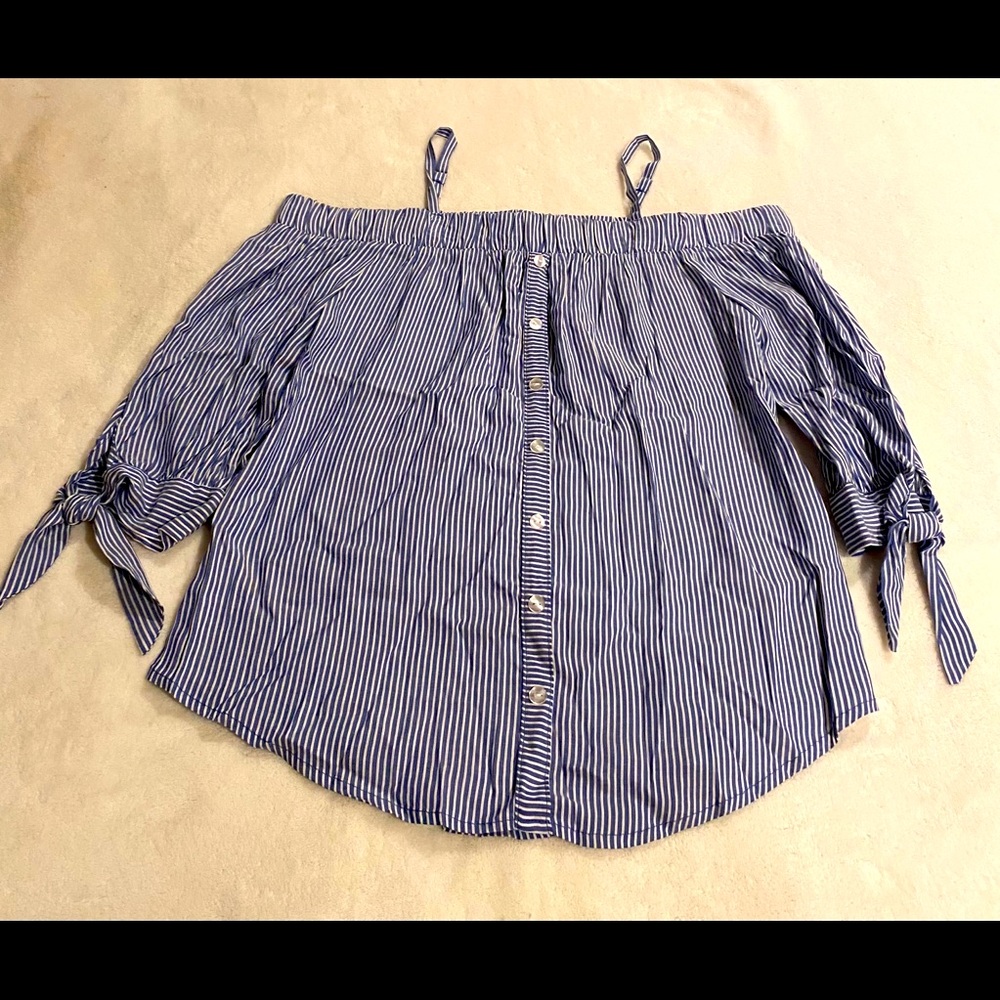 Blue and white striped button top